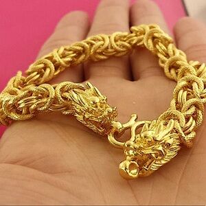 Dragon Viking Gold Plated Bracelet Double Headed 24K Chain Byzantine